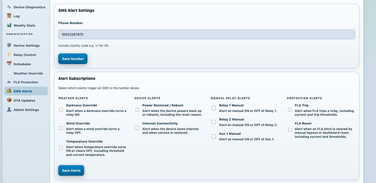 SMS alert settings in the BlueSpring dashboard