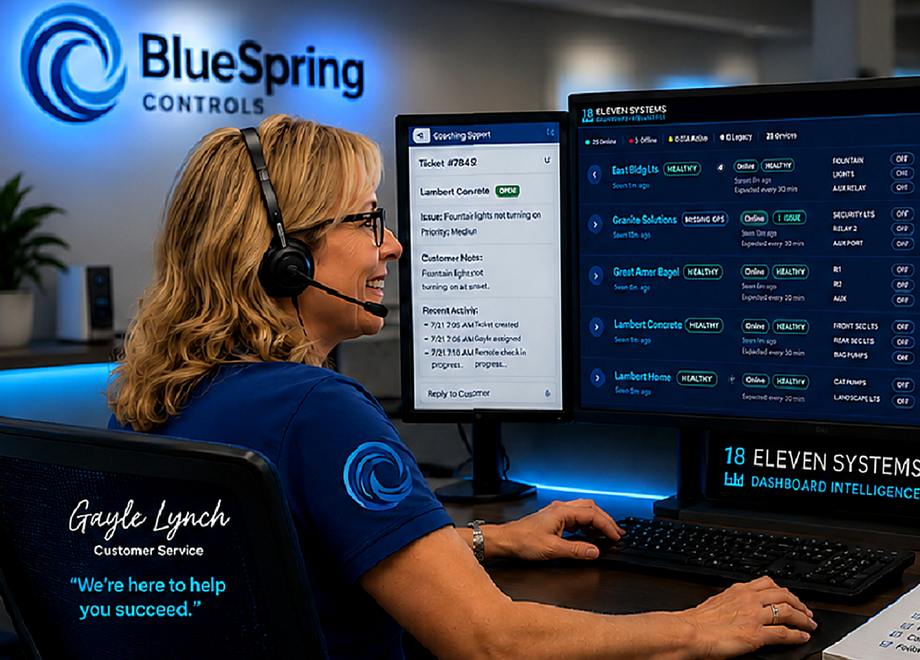 Gayle Lynch reviewing a customer dashboard at a dual-monitor workstation