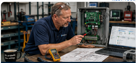 Ron Johnson troubleshooting a BlueSpring controller at a workbench